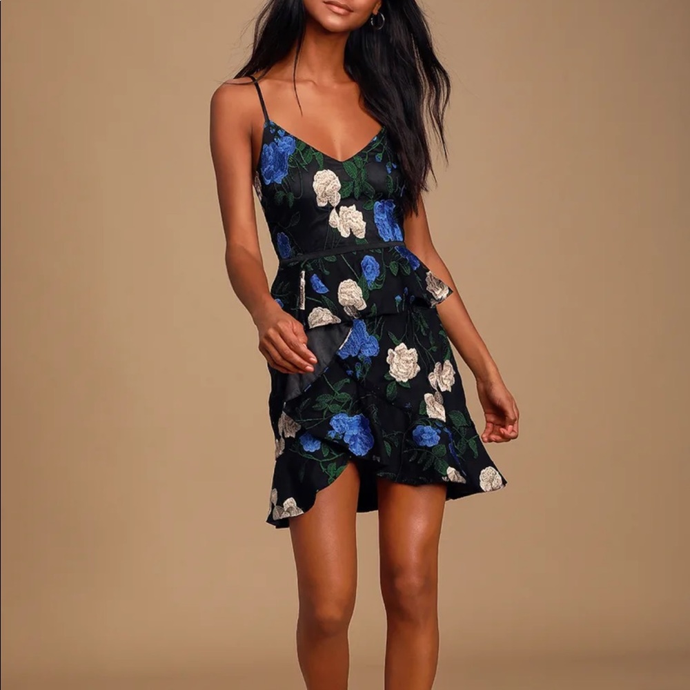 Lulus Black Floral Embroidered Skater Dress